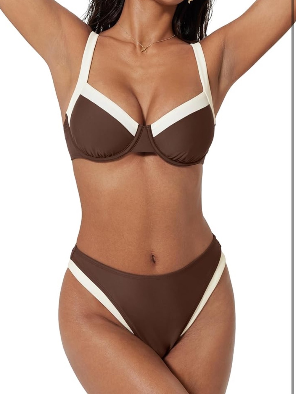 NEW Two-Tone Brown & Beige High Cut Bikini Set Women’s Swim Size M